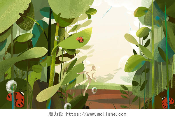 惊蛰卡通人物植物风景绿色七星瓢虫插画海报惊蛰节气春天春分